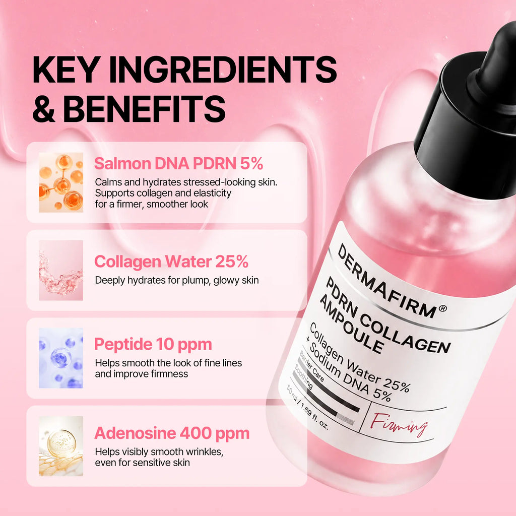 DERMAFIRM PDRN Collagen Ampoule with Salmon DNA, 7 Days Pink Peptide Serum for Firmer-Looking Skin, Calm & Glow Barrier Care, Korean Skin Care, 50Ml / 1.69 Fl. Oz.